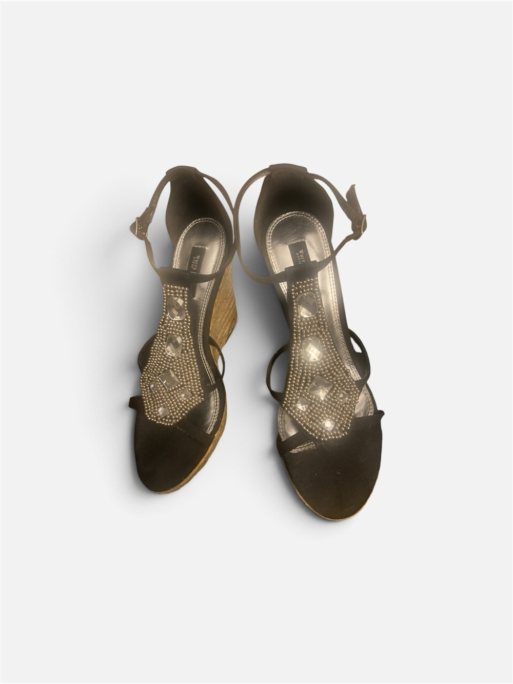 Black Embellished Wedge Sandals with Ankle Strap - Women's. Vintage